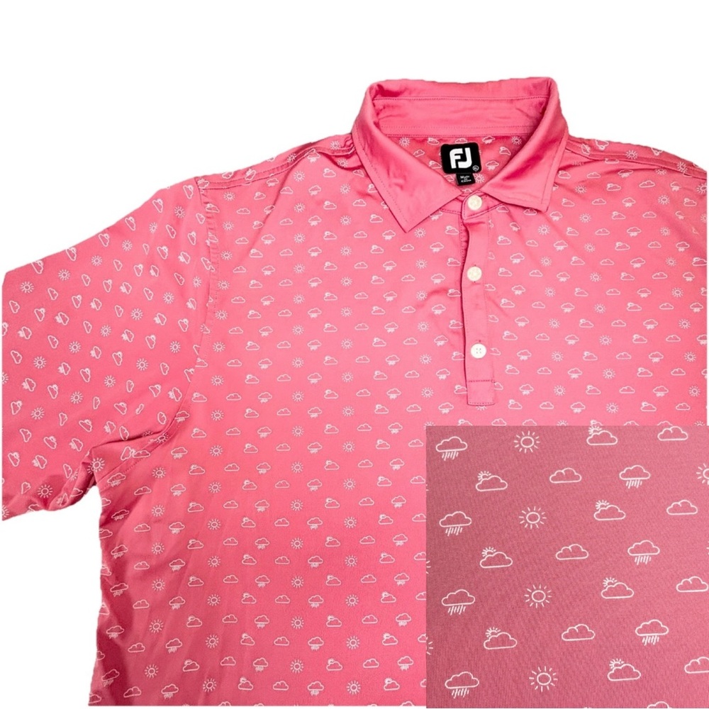 Footjoy Lisle Polo Shirt Self Collar Weather Print Men’s Xl Pink Sun Cloud Print